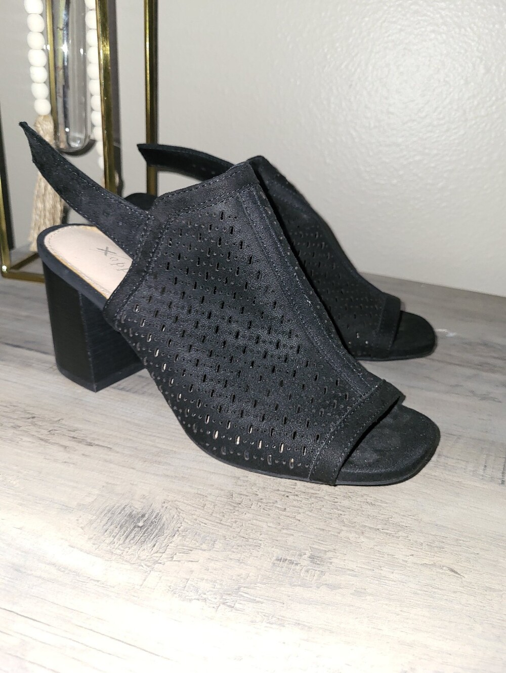 Black Perforated faux Suede Peep-toe Block Heel Sandals Sz 6 1/2 Xappeal
